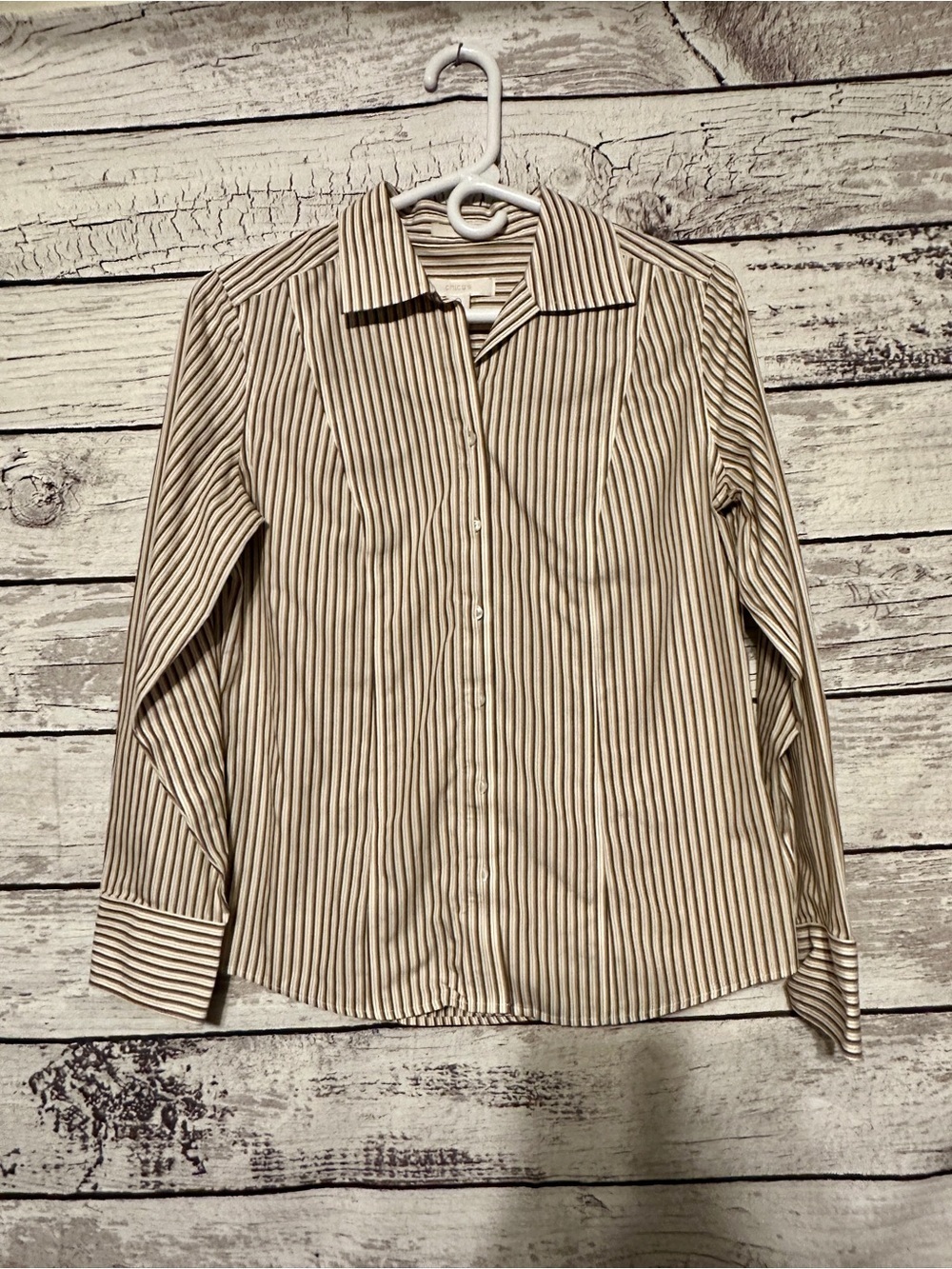 Chico’s Striped Button Down Shirt Size 0 Small Brown White Cotton Blouse